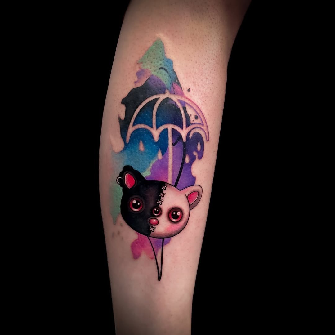 Whimsical black and white bear with umbrella Tattoo Design