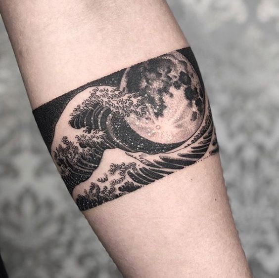 Moon and Great Wave Band Tattoo Tattoo Design