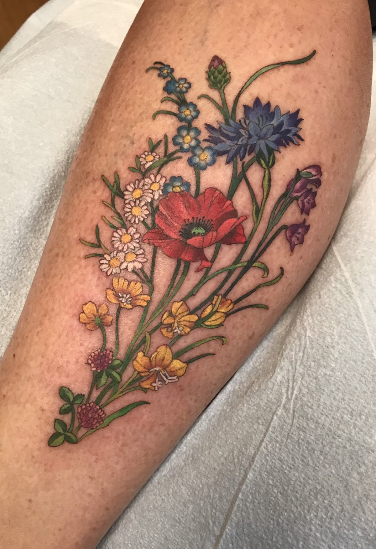Bold Summer Bouquet, a tattoo design rendered in clean detailed linework for the arm.