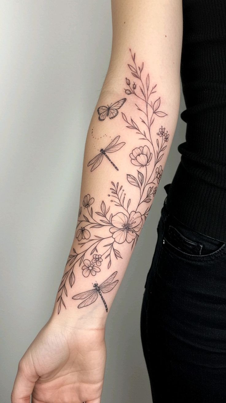 Minimalist Dragonfly Garden, a tattoo design rendered in delicate fine-line for the forearm.