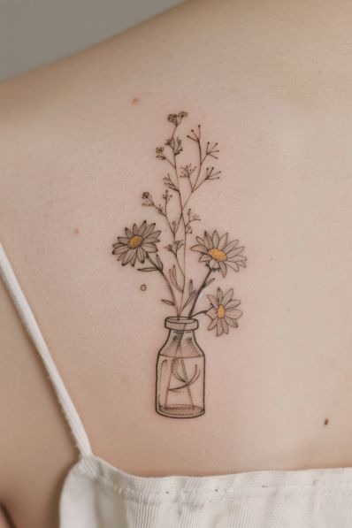 Minimalist Vase of Daisies on the Back, a tattoo design rendered in fine-line.