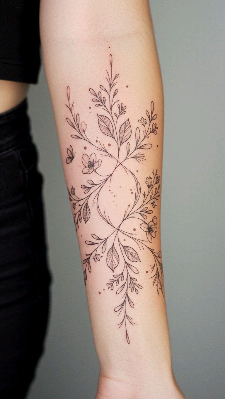 Symmetrical Bloom Bracelet, a tattoo design rendered in clean detailed linework for the forearm.