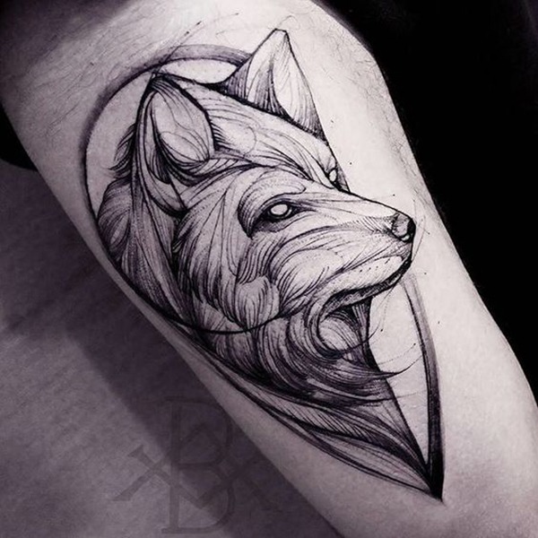 3/4-View Stylized Watchful Wolf Crest Tattoo Design
