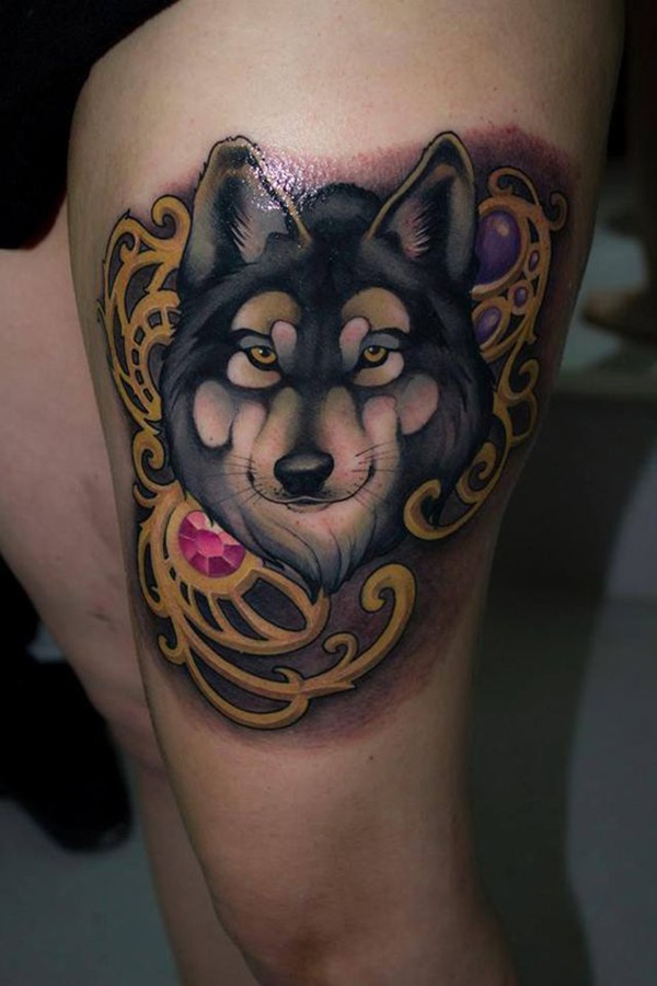 Art Nouveau Wolf with a Pink Gem Tattoo Design