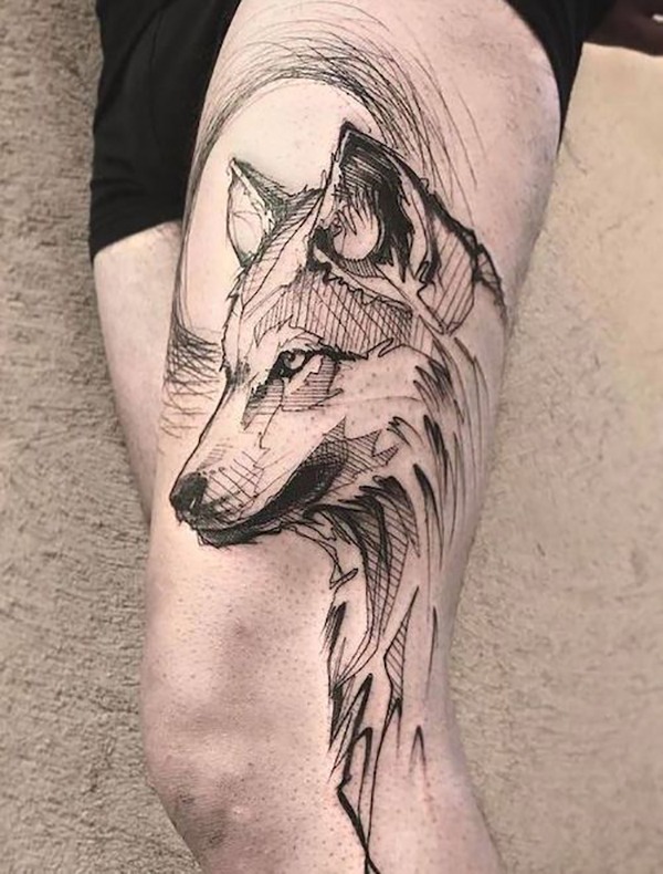 Artistic Pen-Drawn Wolf with Moon Tattoo Design