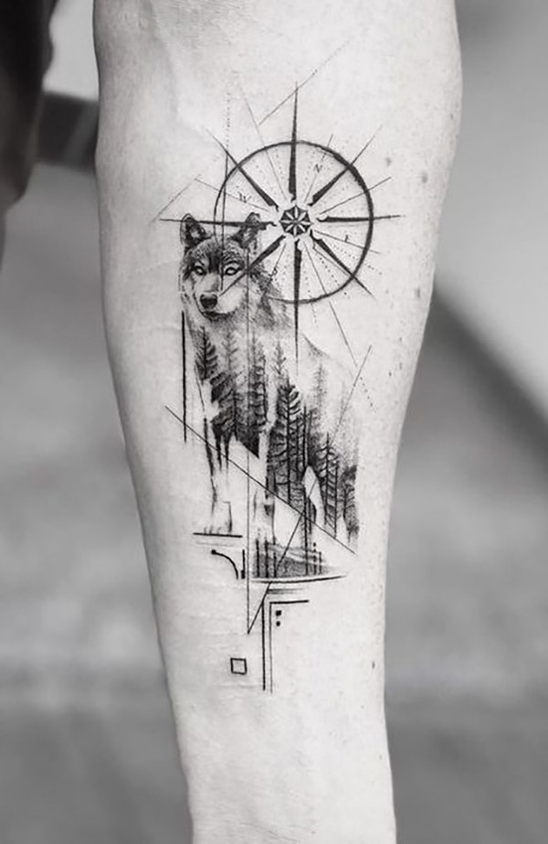 Compass Rose & Untamed Forest Adventure Wolf Tattoo Tattoo Design