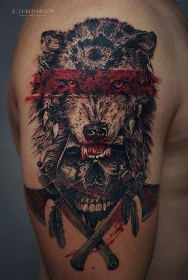 Crossed Tomahawks & Wolf Skull Tattoo Tattoo Design