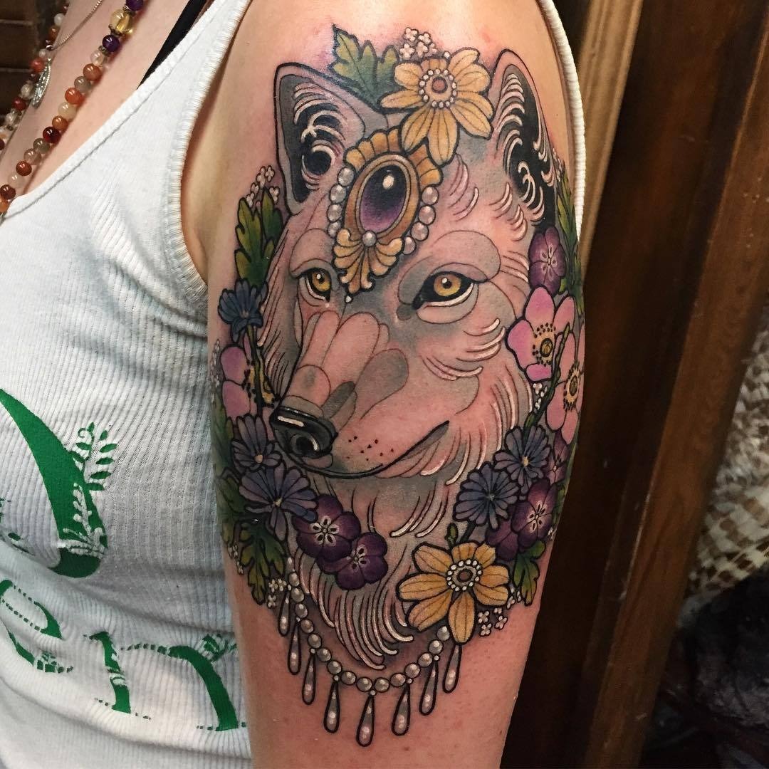 Female Wolf withFlower Tattooand Gems Tattoo Design