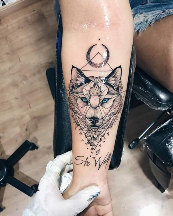 Geometric She-Wolf with Turquoise Eyes Tattoo Design