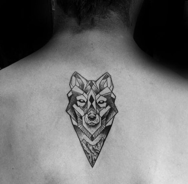 Geometric Small Wolf Tattoo with Mountains Tattoo Design