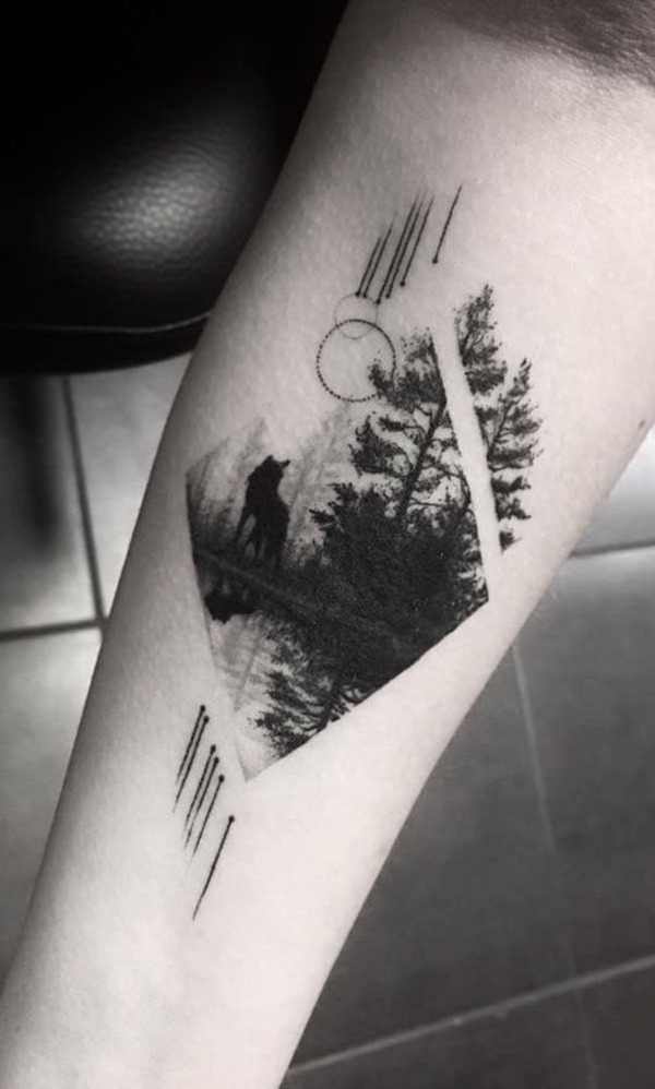 Gray-Scale Woodland Geometric Wolf Tattoo Ideas with Reflection Tattoo Design