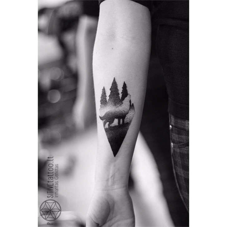 Howling Wolf with Pine Trees Silhouette Tattoo Design