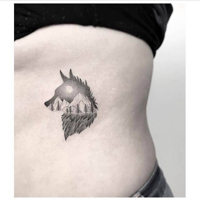 Mountain Range Small Wolf Tattoo in Silhouette Tattoo Design
