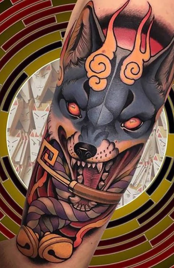 Orange-Eyed Snarling Wolf with Bells Tattoo Design