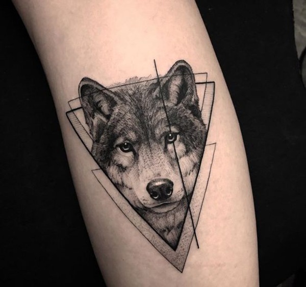 Realistic Wolf in Interlocking Triangles Tattoo Design