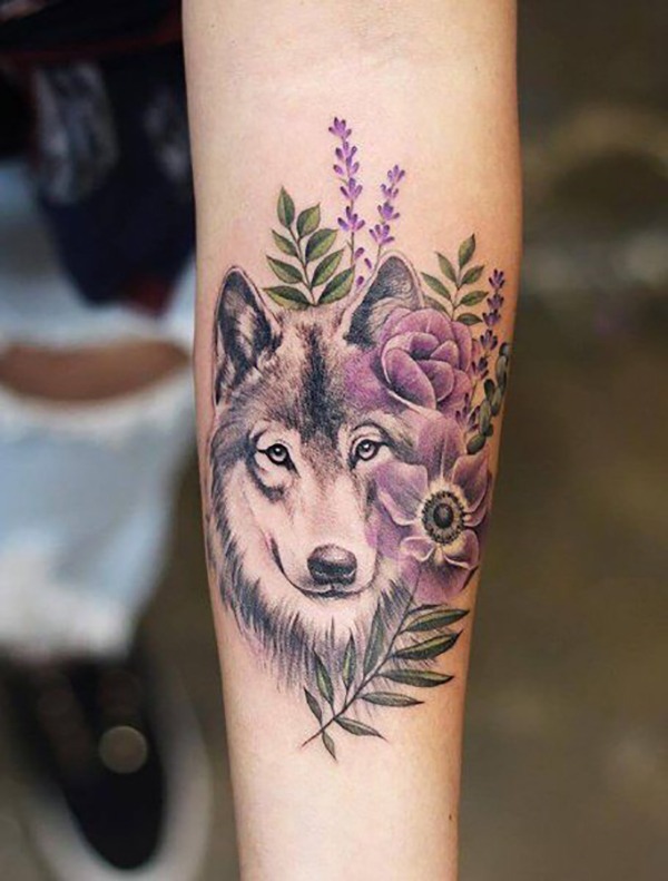 Realistic Wolf with Lavender Botanicals Tattoo Design