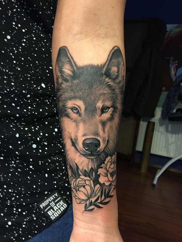 Realistic Wolf with Stylized Peonies Tattoo Design