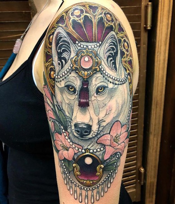 Royal Wolf Princess with Gems & Lilies Tattoo Design