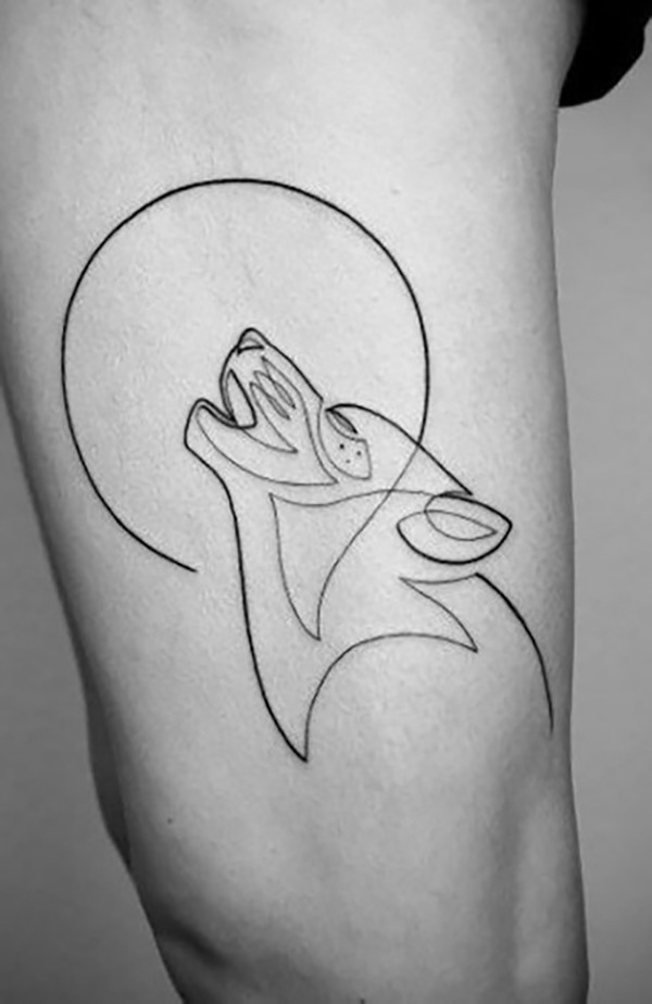Simple Wolf Tattoo Idea: Single Line Wolf Howling at the Moon Tattoo Design