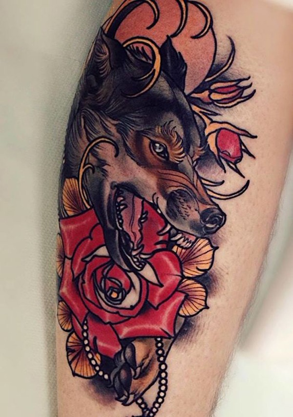 Snarling Wolf with Roses & Pearls Tattoo Design