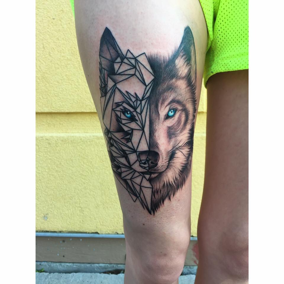 Split-Faced Geometric Wolf Tattoo Tattoo Design