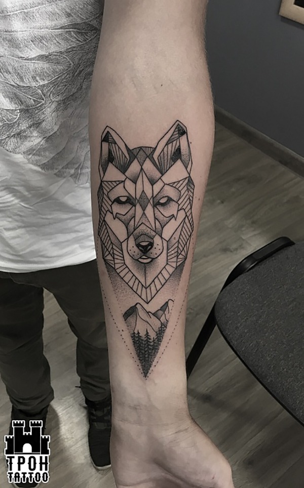 Textured Geometric Wolf with Mountains Tattoo Design