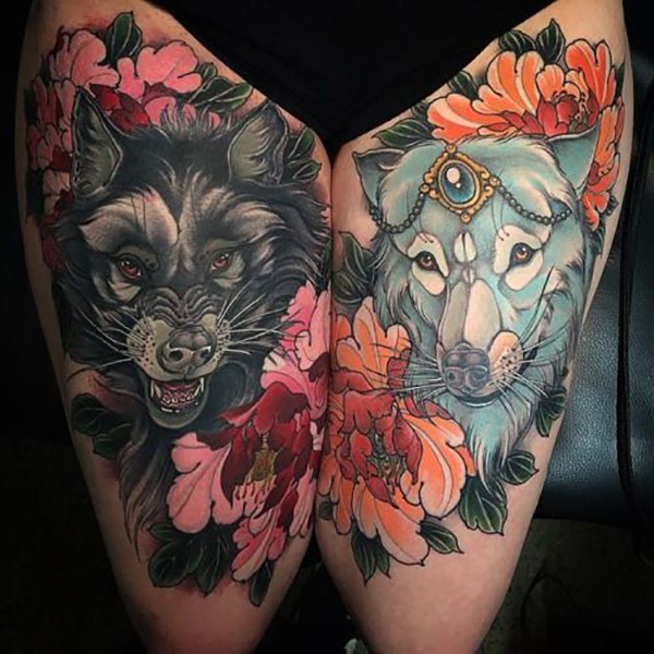 Twin Wolves with Flowers & Gems Tattoo Design