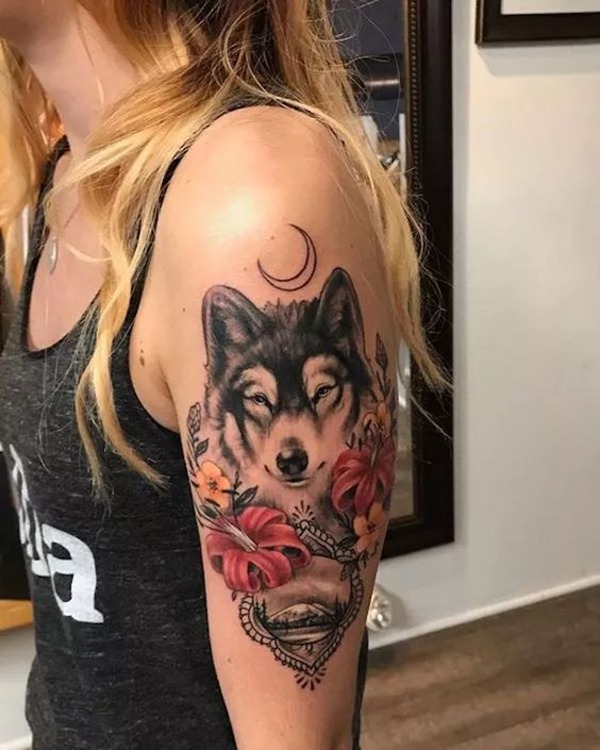 Wolf Portrait with 3D Lilies & Mountains Tattoo Ideas Tattoo Design