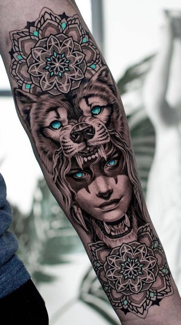 Wolf Warrior with Turquoise Accents Tattoo Design