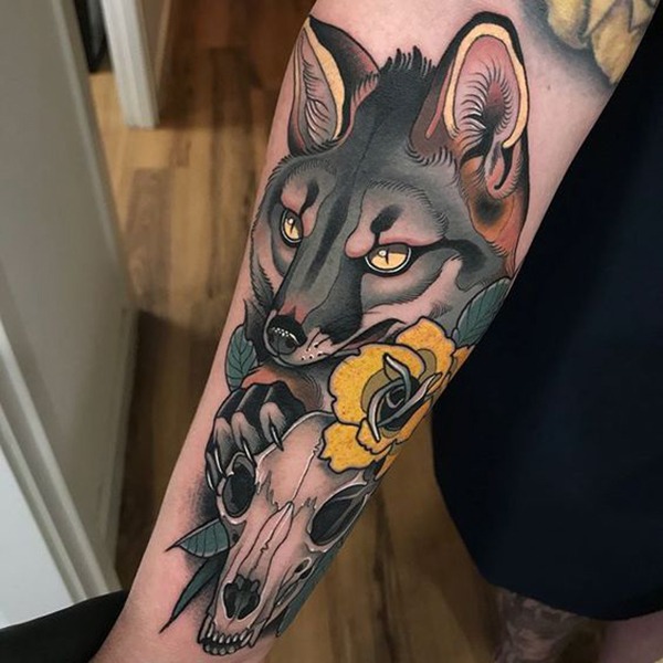 Wolf with Yellow Rose & Skull Tattoo Design