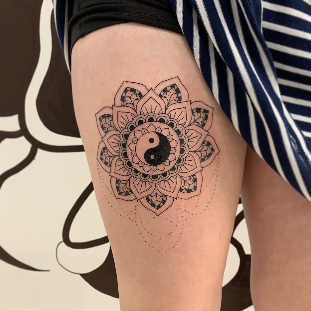 Intricate yin yang mandala thigh tattoo design Tattoo Design