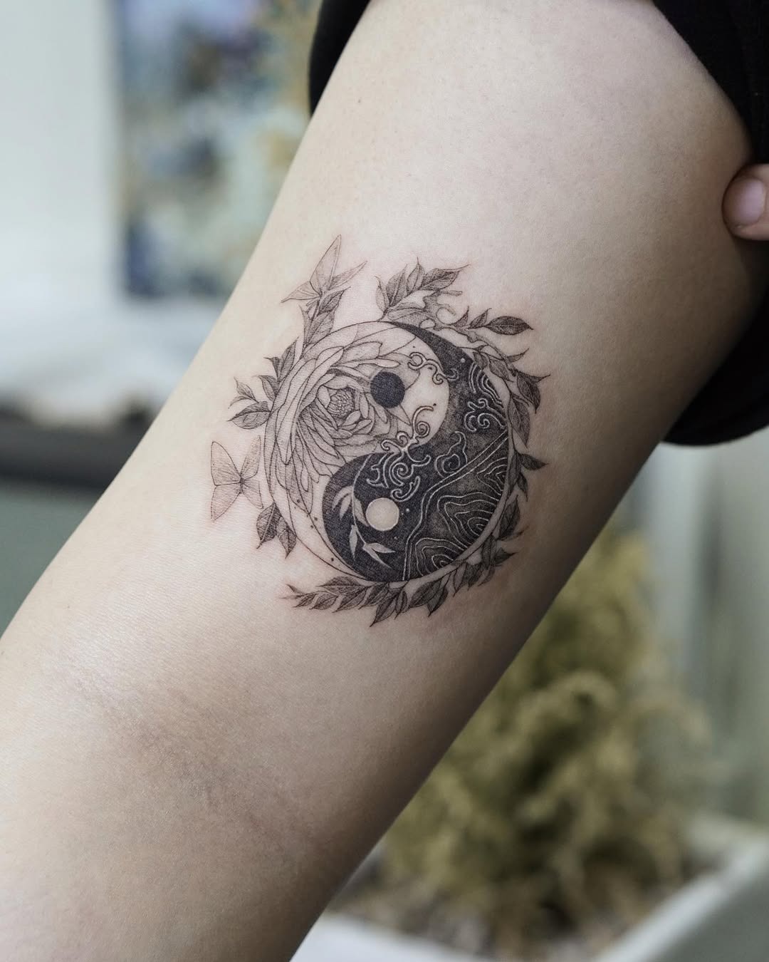 Nature-inspired yin yang tattoo with intricate details Tattoo Design
