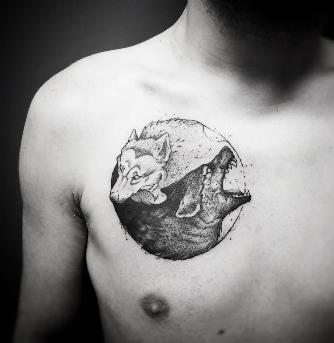 Stunning yin yang wolf and dog tattoo design Tattoo Design