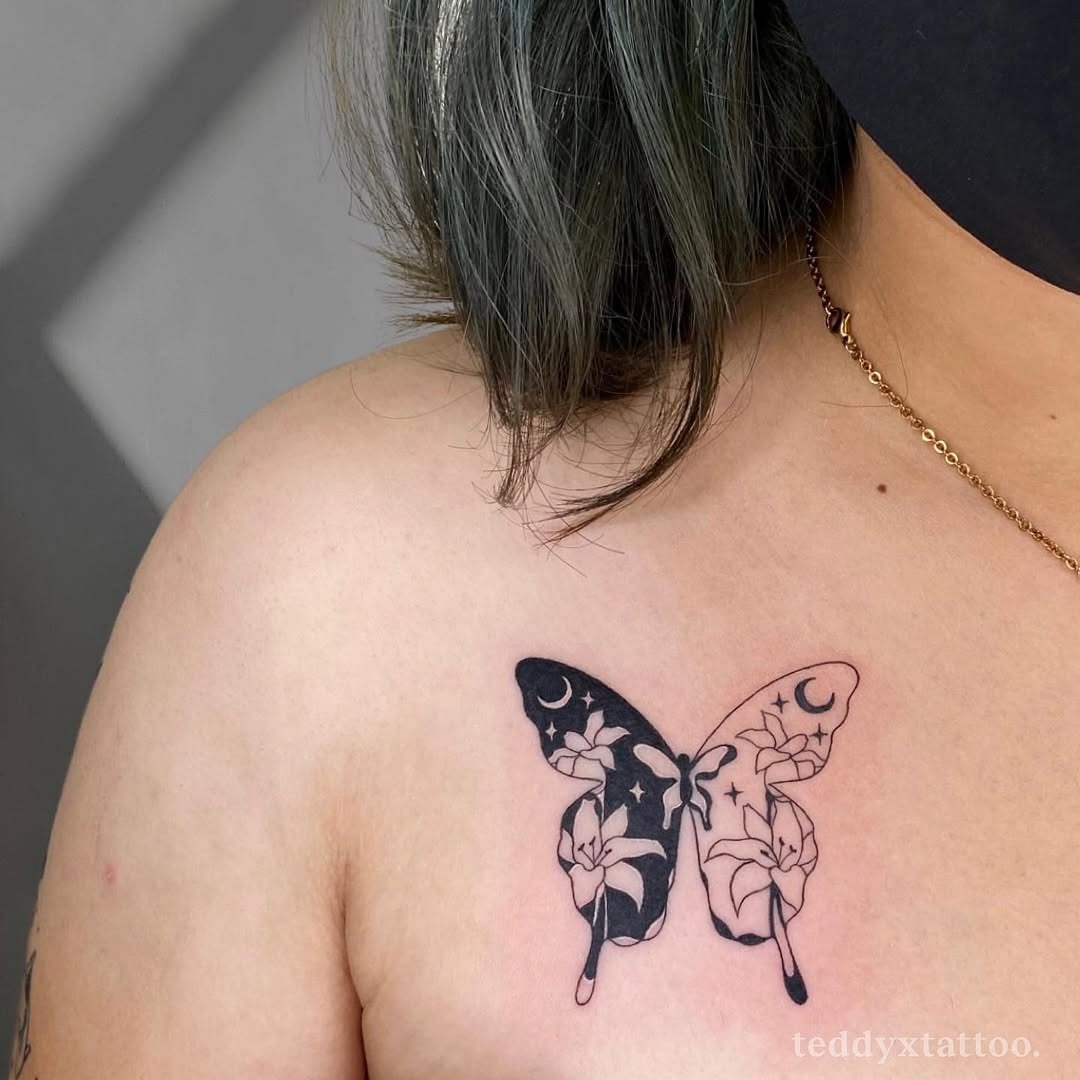 Yin Yang Butterfly Tattoo with Floral Design Tattoo Design