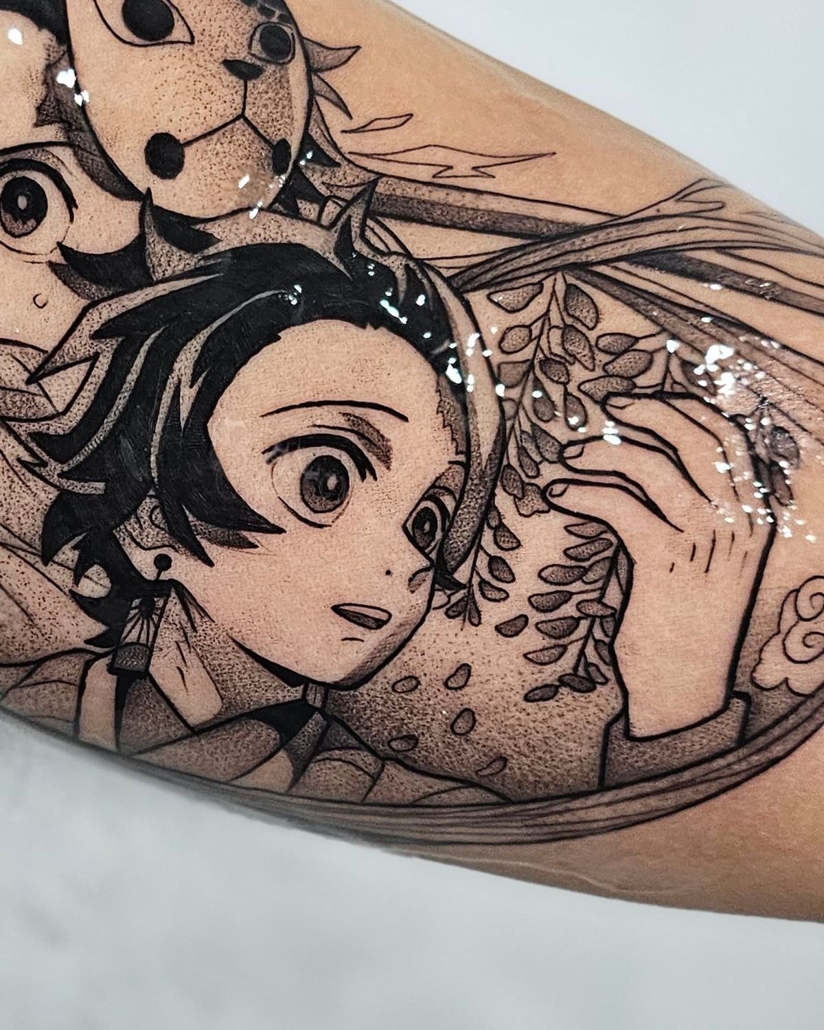 Blackwork Tanjiro with Wisteria Tattoo Design