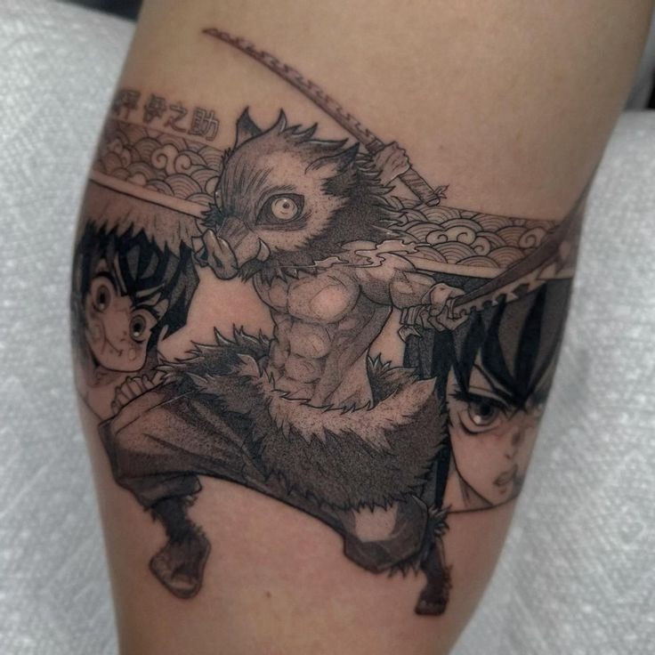 Dynamic Inosuke Blackwork Tattoo Design