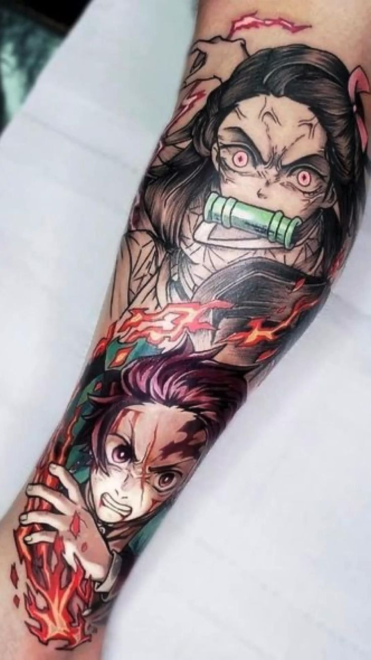 Fiery Tanjiro and Nezuko Tattoo Design