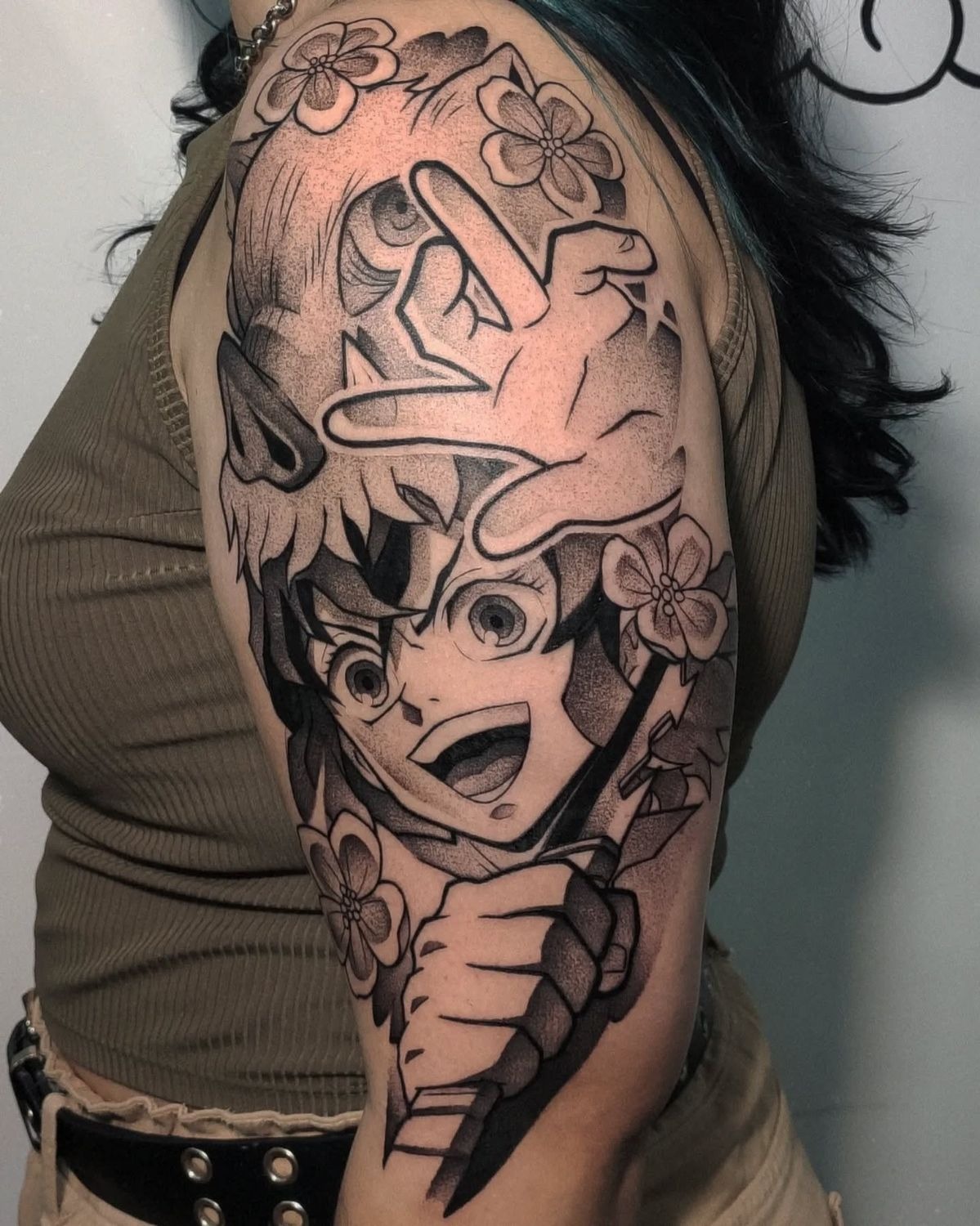 Happy Inosuke with Flowers Tattoo Design