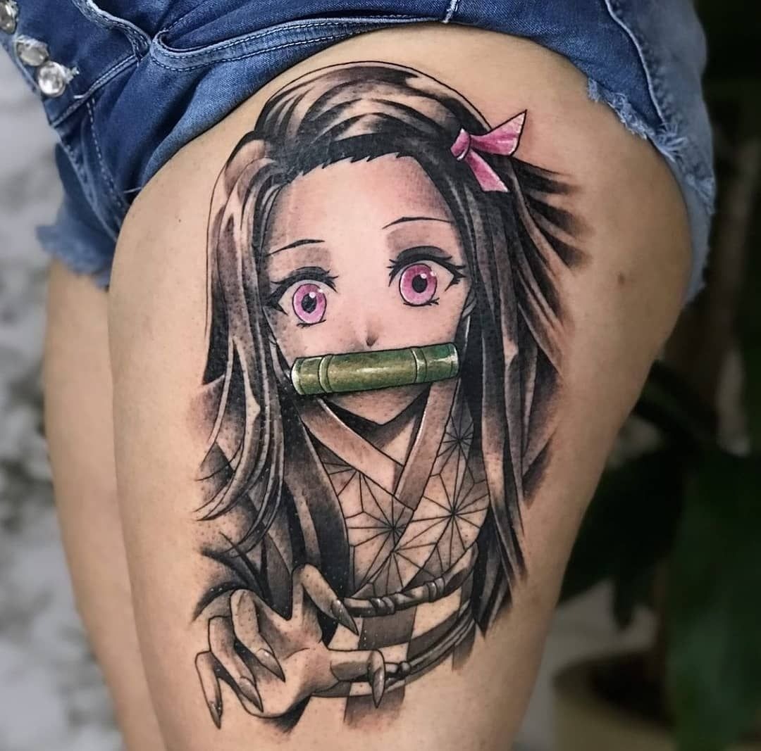 Nezuko Thigh Portrait Tattoo Design