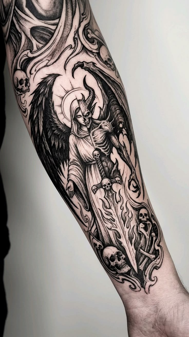 Angel and Demon Gothic Sleeve Scene Tattoo Design