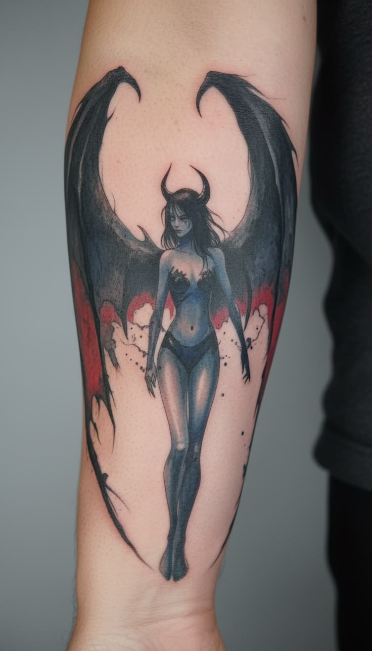 Blue-Winged Demon Woman Tattoo Design