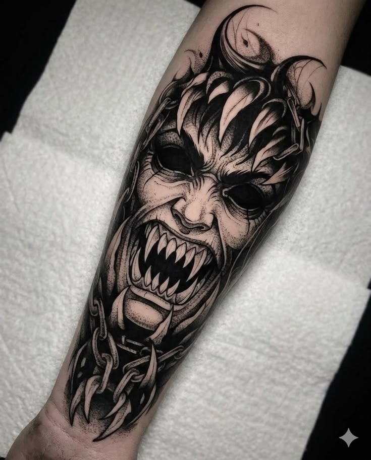 Chained Monster Face Tattoo Design