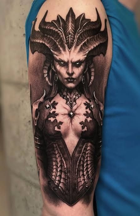 Horned Demon Queen Portrait Tattoo Design