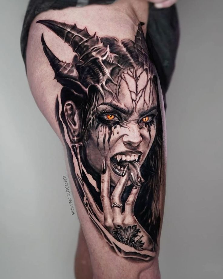 Realistic Female Demon Portrait Tattoo Design