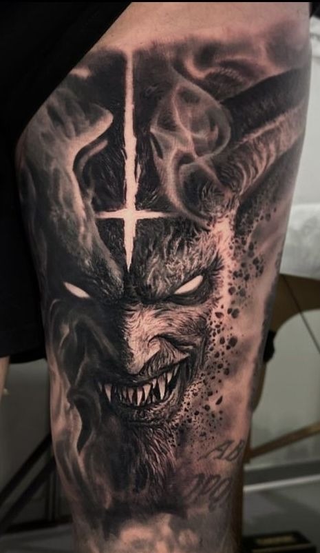 Realistic Horned Beast Portrait Tattoo Design