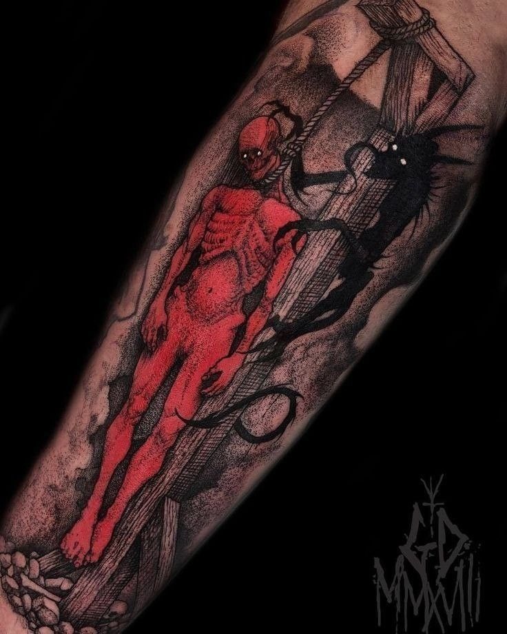 Red Demon and Shadow Figure Tattoo Design