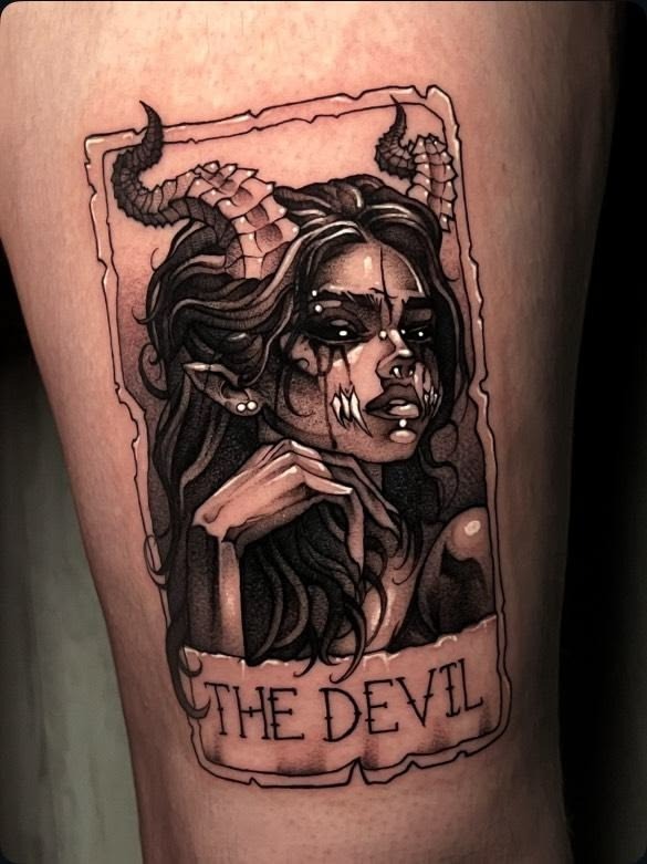 Tarot-Style Devil Woman Tattoo Design