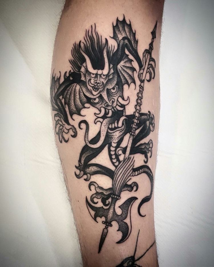 Winged Demon With Battle Axe Tattoo Design
