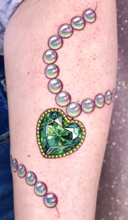 Emerald Heart Gem with Pearls Tattoo Design