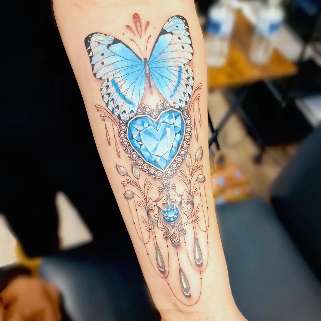 Stunning butterfly tattoo with diamond heart design Tattoo Design